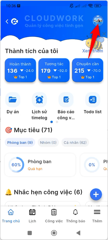 Nhấn vào avatar tại Trang chủ
