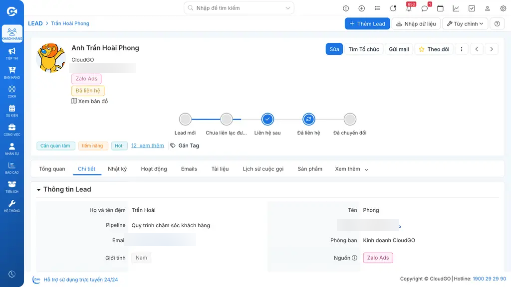 Hồ sơ chi tiết Lead với nút