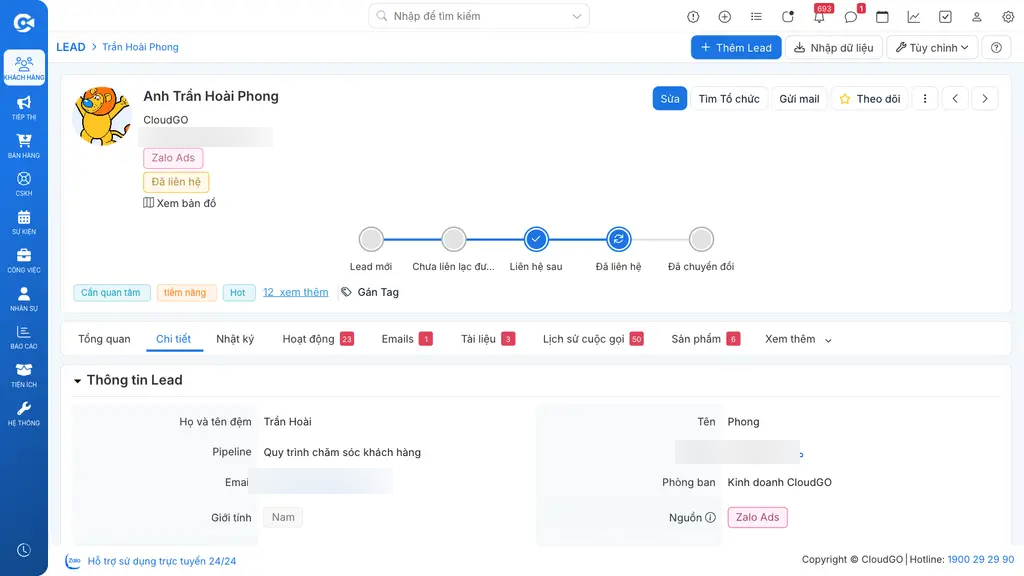 Hồ sơ chi tiết Lead với icon điện thoại cạnh trường Di động để click to call