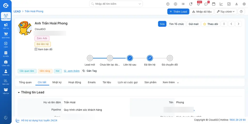 Trang chi tiết Lead với các tab Tổng quan, Chi tiết, Nhật ký, Hoạt động, Emails, Tài liệu, Lịch sử cuộc gọi