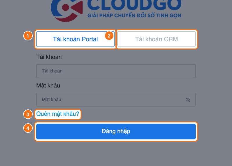 Màn hình đăng nhập với tab Tài khoản Portal (1), tab Tài khoản CRM (2), liên kết Quên mật khẩu (3) và nút Đăng nhập (4)