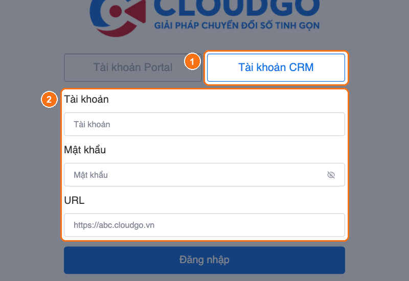 Tab Tài khoản CRM (1) với các ô Tài khoản, Mật khẩu và URL hệ thống CRM (2)