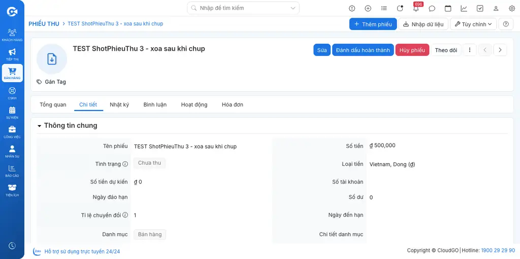 Màn hình chi tiết Phiếu thu ở tình trạng