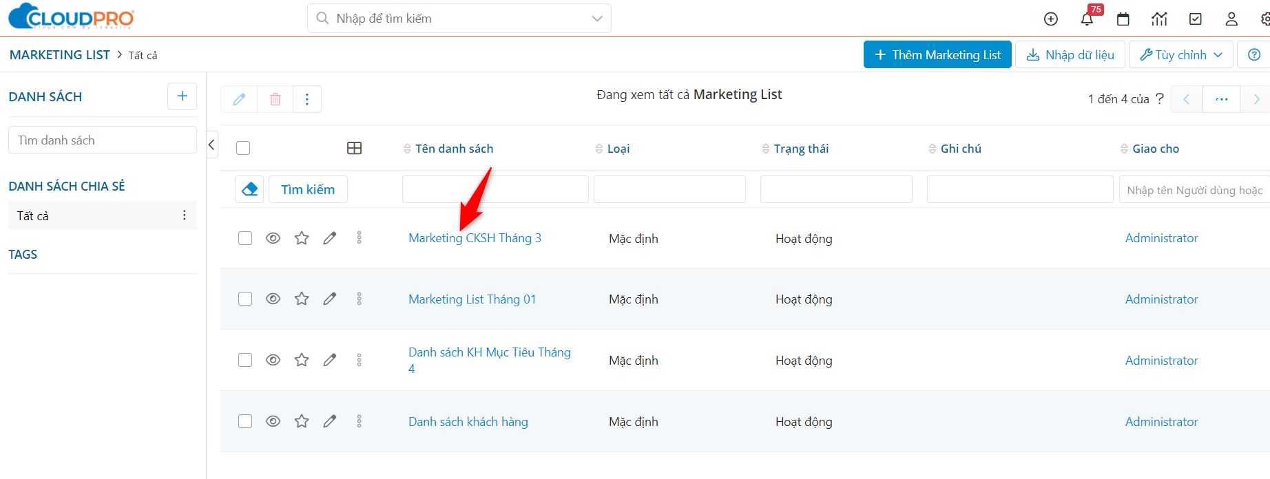Mở Marketing List cần thêm khách hàng