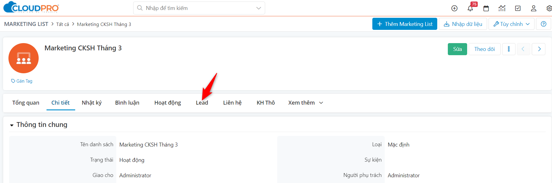 Chọn tab Lead để thêm thủ công