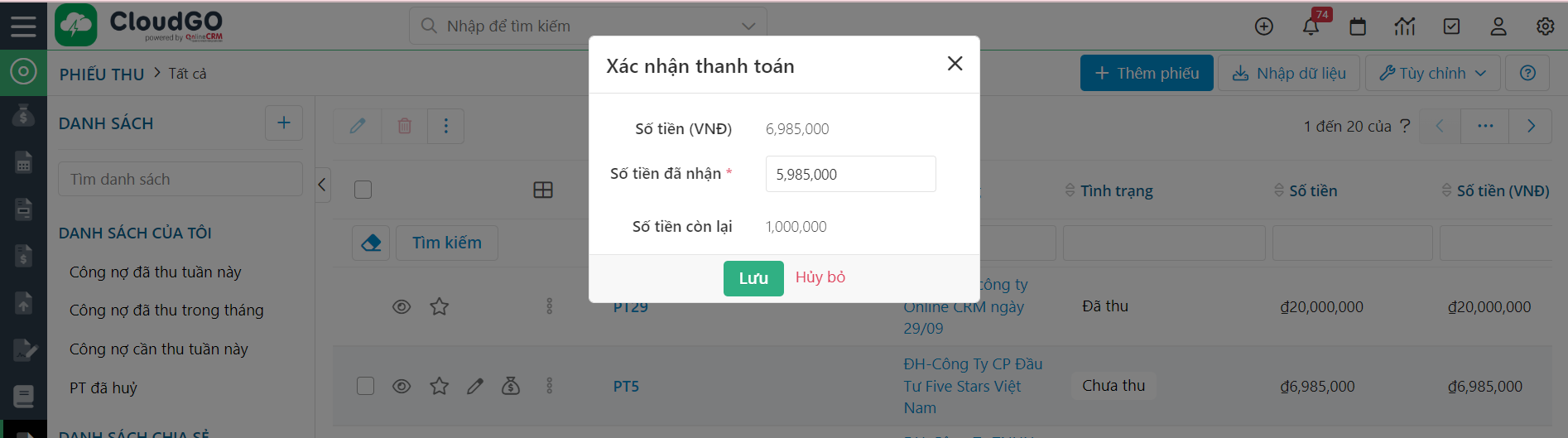 Hộp thoại nhập số tiền thanh toán từng phần cho Phiếu thu