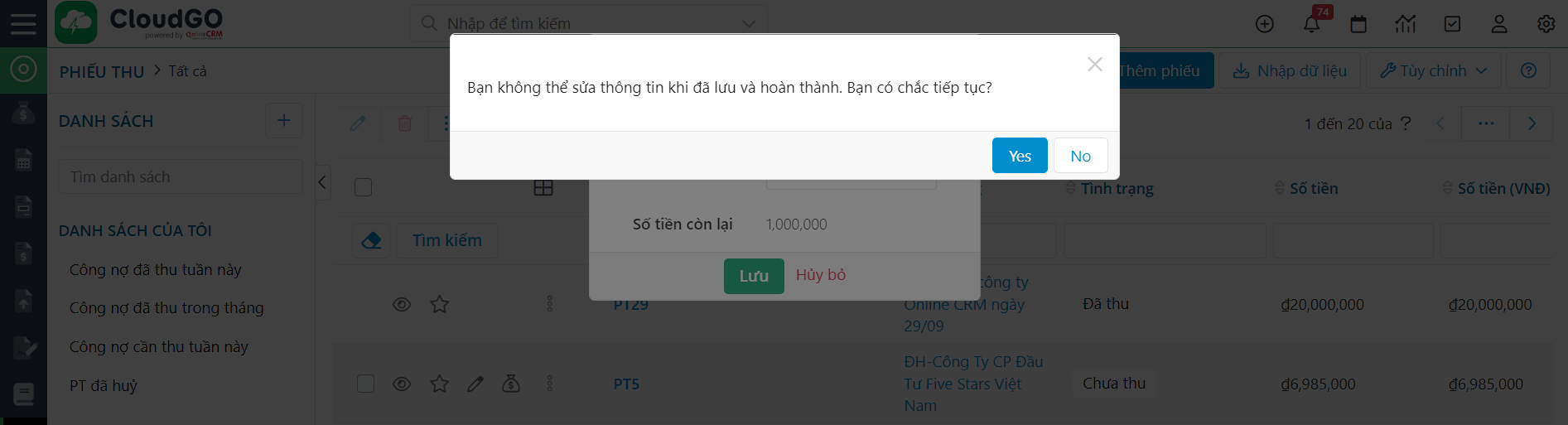 Hộp thoại xác nhận thanh toán từng phần cho Phiếu thu