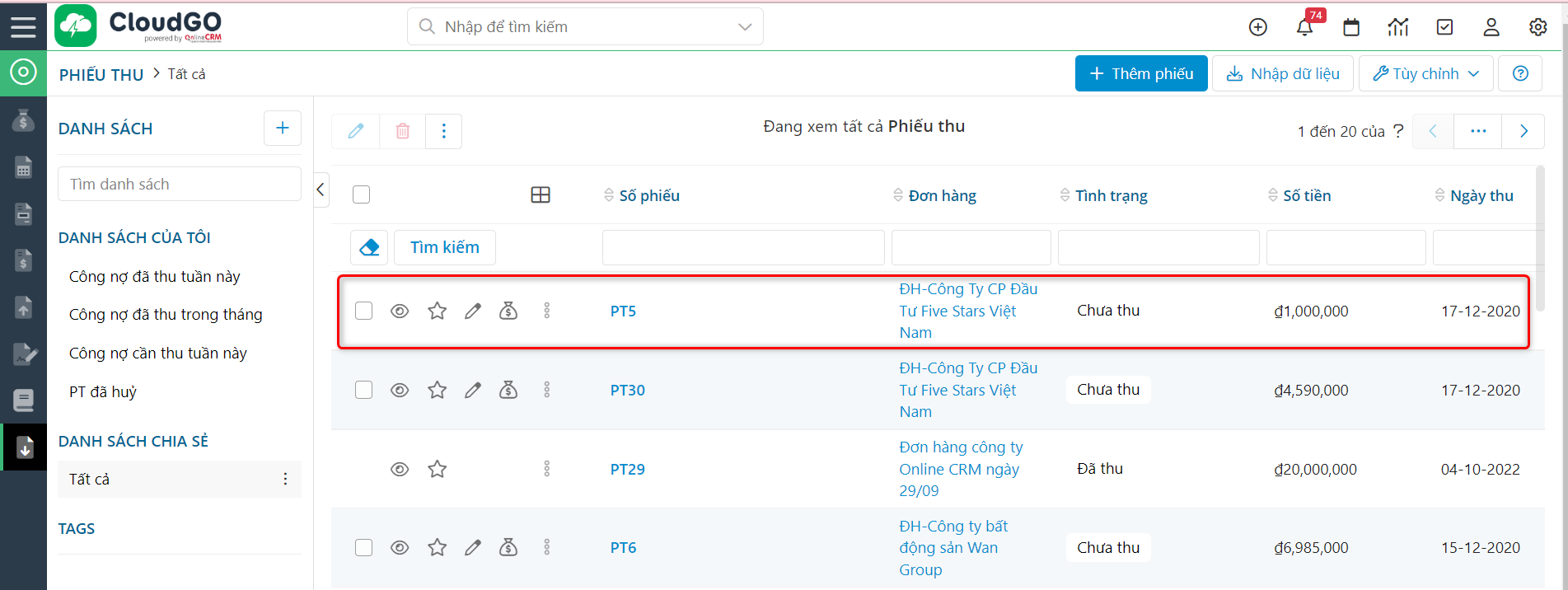 Phiếu thu mới được hệ thống tự động tạo với số tiền còn lại sau khi thanh toán một phần