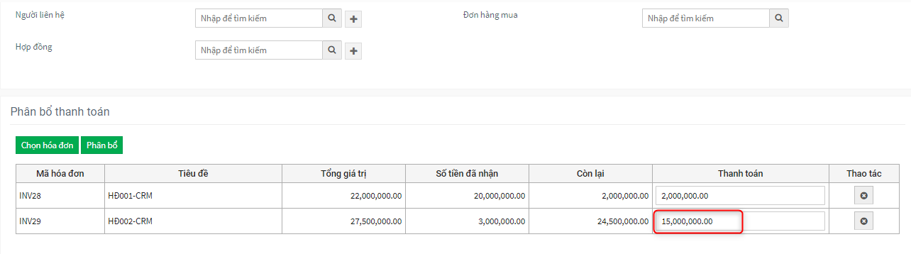 Người dùng chỉnh sửa lại số tiền của một hóa đơn trong danh sách phân bổ của Phiếu thu