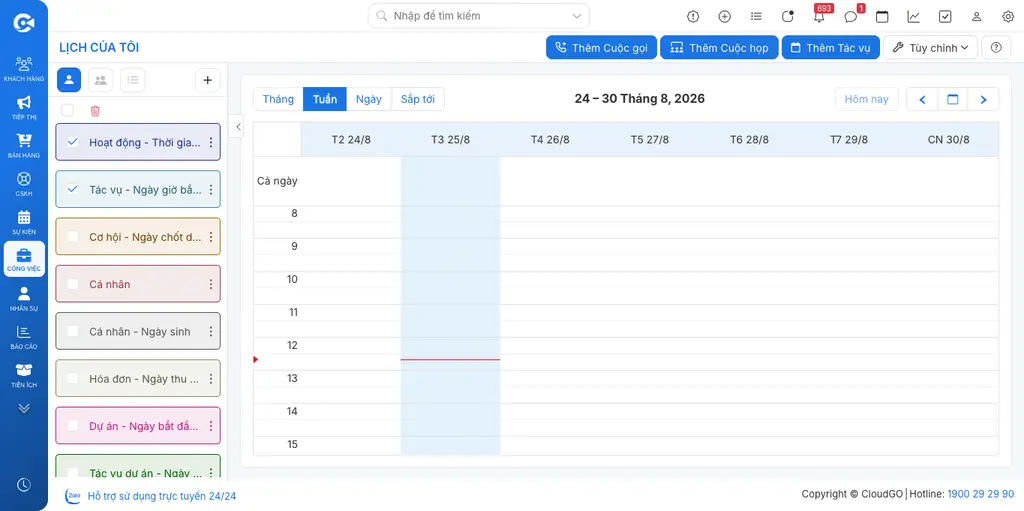 Lịch làm việc cá nhân dạng calendar theo tuần