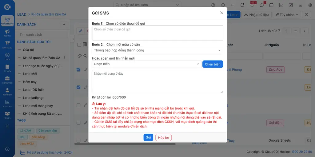 Form gửi SMS hàng loạt cho nhiều Lead đã chọn từ màn hình danh sách