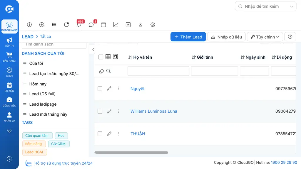Menu điều hướng bên trái, chọn nhóm BÁN HÀNG rồi vào module Lead