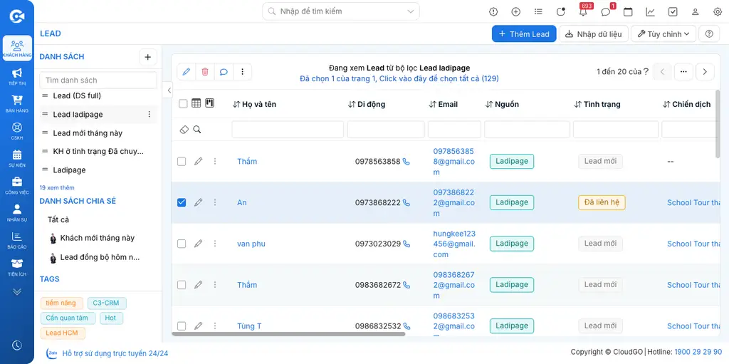 Chọn một Lead tại màn hình danh sách bằng checkbox để chuẩn bị gắn tag