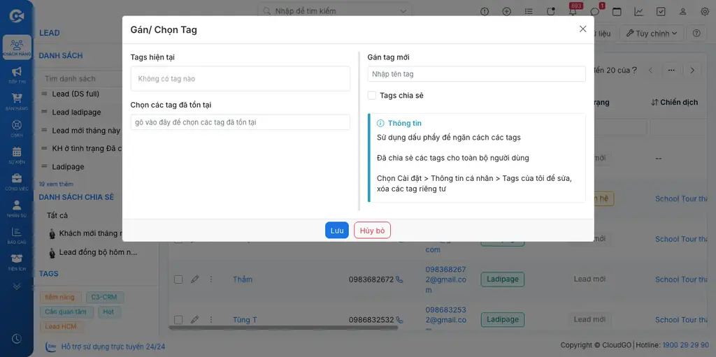 Màn hình Gán/Chọn Tag hiện lên với các mục Tags hiện tại, Chọn các tag đã tồn tại, Gán tag mới