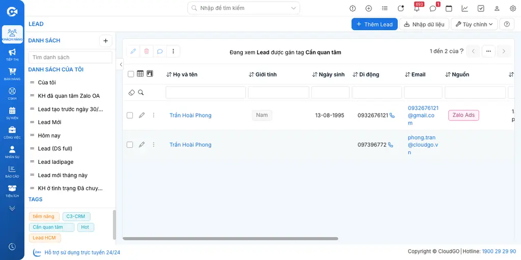 Danh sách Lead được lọc theo tag đã gắn khi nhấn vào tag ở sidebar