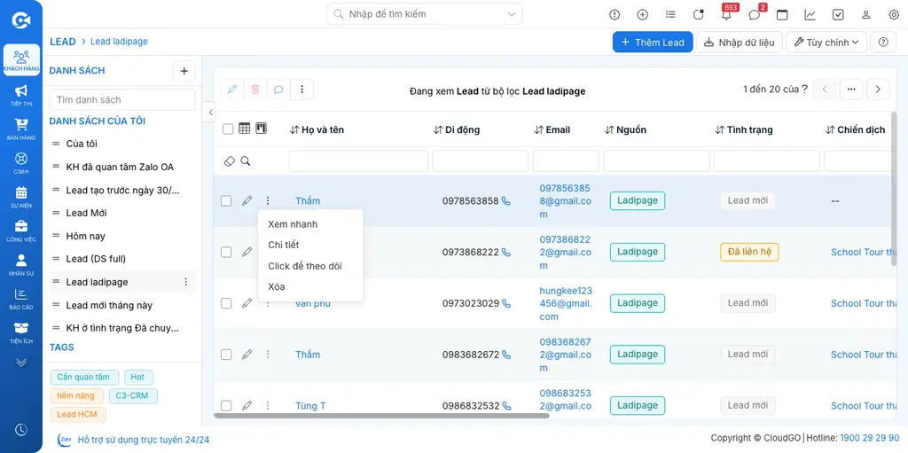Menu thao tác nhanh của một dòng Lead với mục