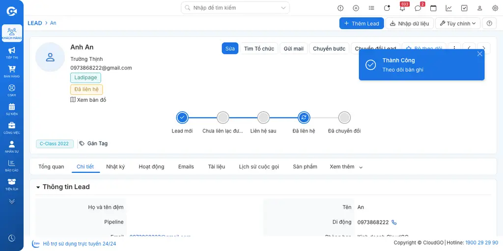 Nút Theo dõi/Bỏ theo dõi ở góc trên bên phải màn hình chi tiết hồ sơ Lead