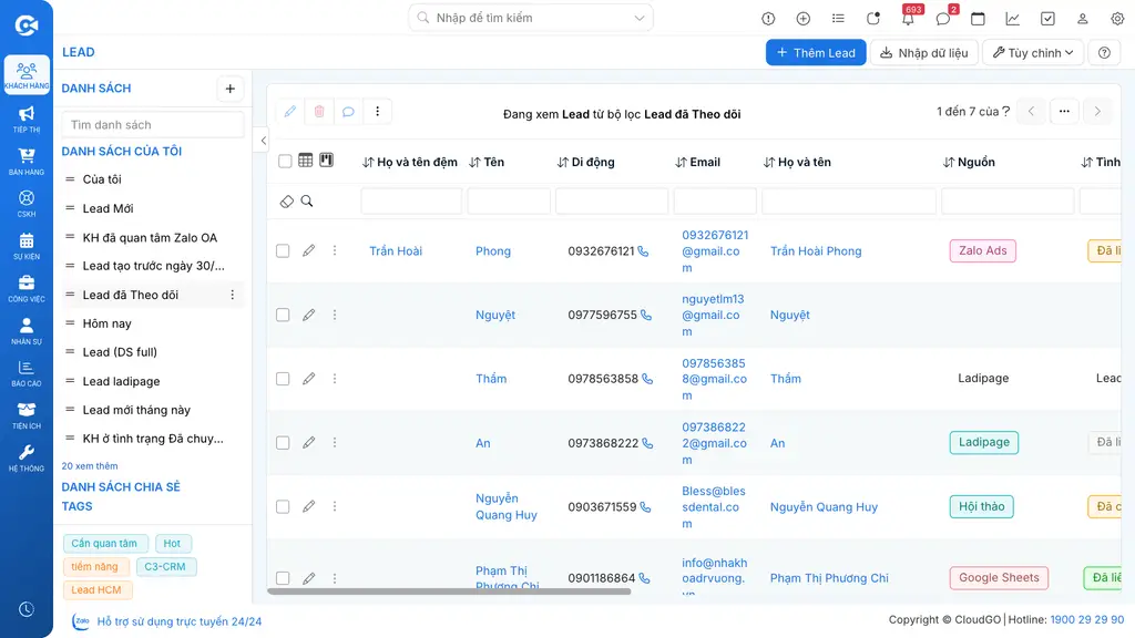 Lead vừa được nhấn Theo dõi tự động xuất hiện trong bộ lọc Lead đã Theo dõi mà không cần thao tác thủ công