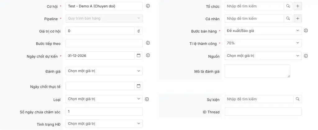 Cập nhật bước bán hàng sang giai đoạn Đề xuất/Báo giá