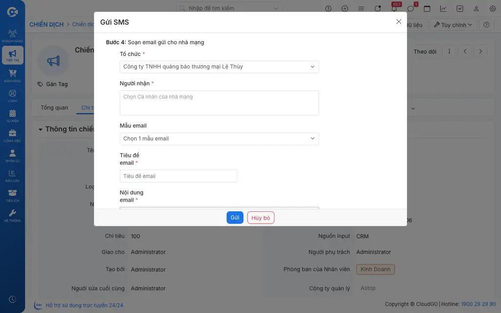 Hộp thoại gửi SMS Quảng cáo hiển thị thêm mục