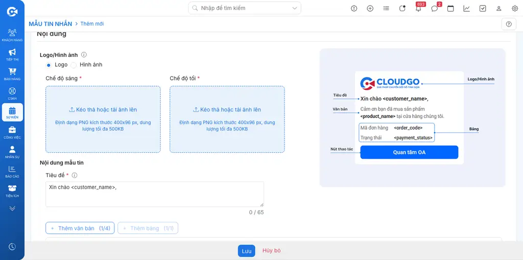 Form soạn nội dung mẫu tin nhắn ZNS với trường Tiêu đề đã chèn biến <code><customer_name></code>