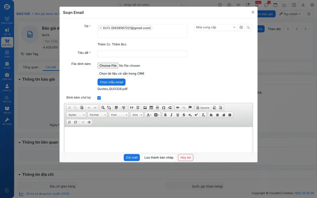 Chọn Gửi Email kèm file PDF từ menu Thao tác