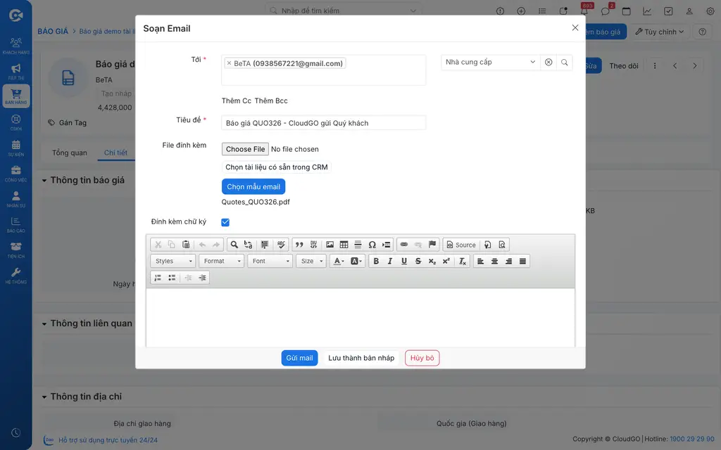 Form nhập thông tin email gửi báo giá cho khách hàng