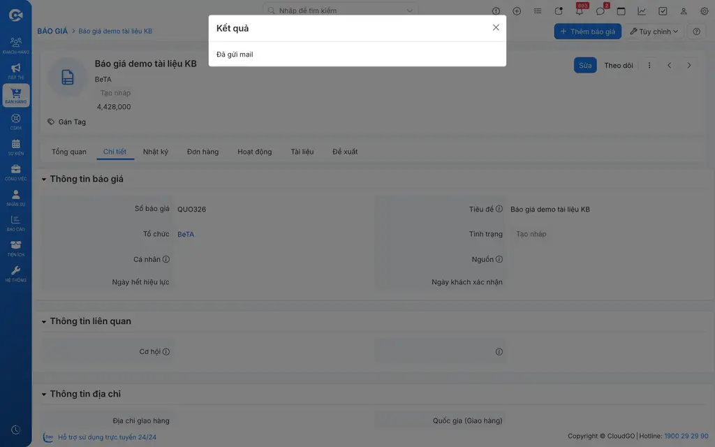 Thông báo gửi email báo giá thành công