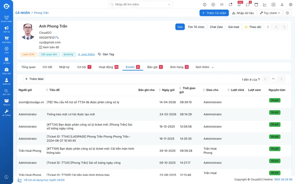 Theo dõi lịch sử email trên profile Người liên hệ