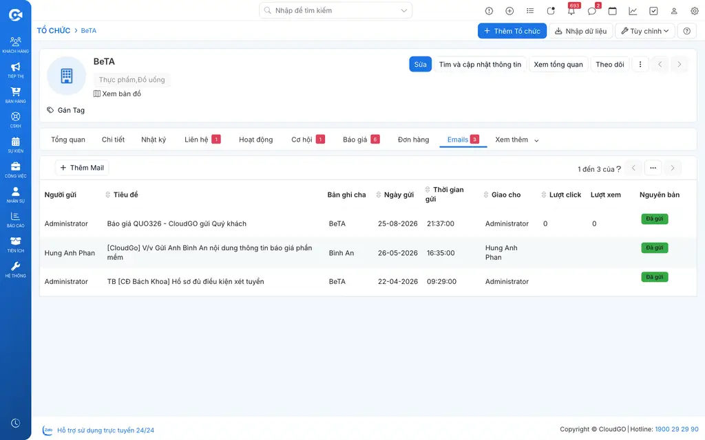 Theo dõi lịch sử email trên profile Công ty