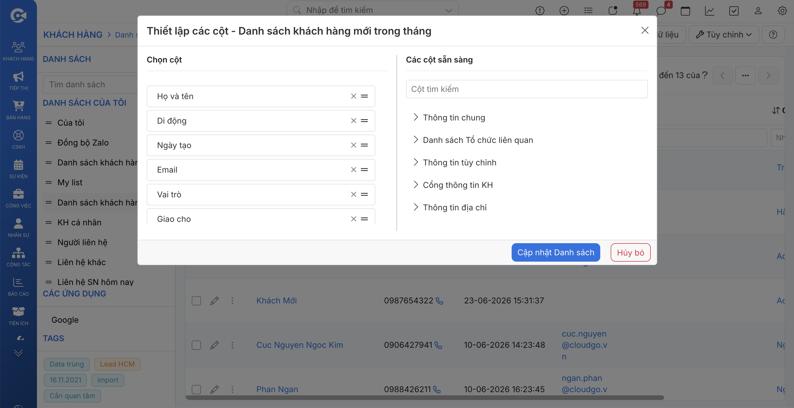 Popup thiết lập cột với 2 vùng: cột đang hiển thị và cột có thể thêm