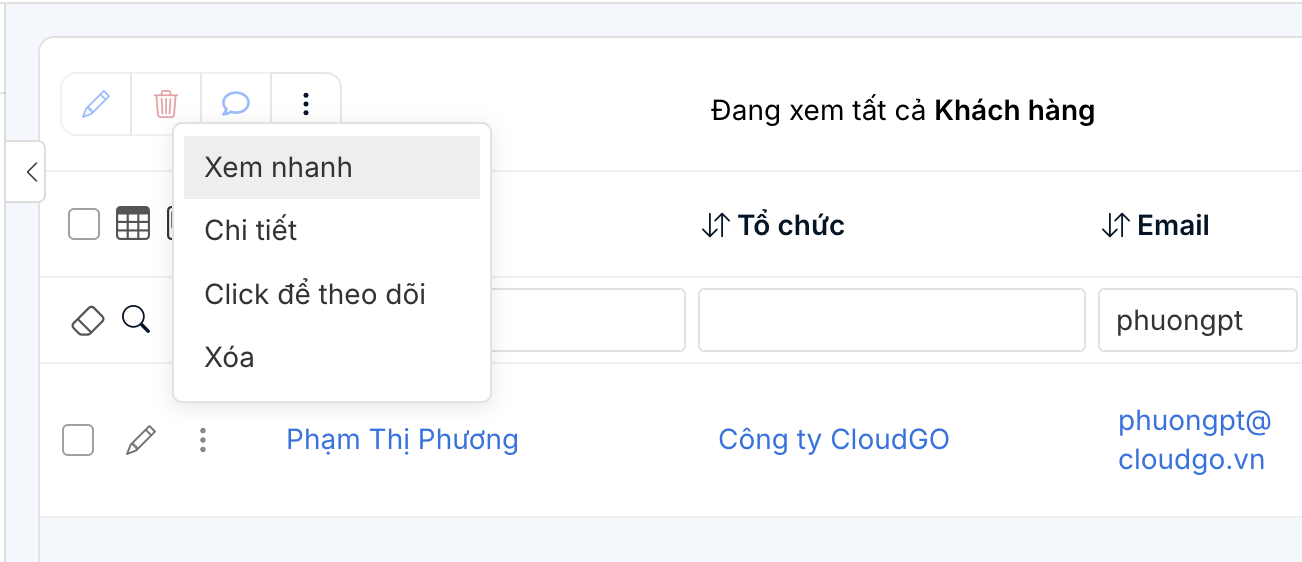 Popup xem nhanh bản ghi hiện lên từ danh sách với thông tin tóm tắt và nút Xem chi tiết