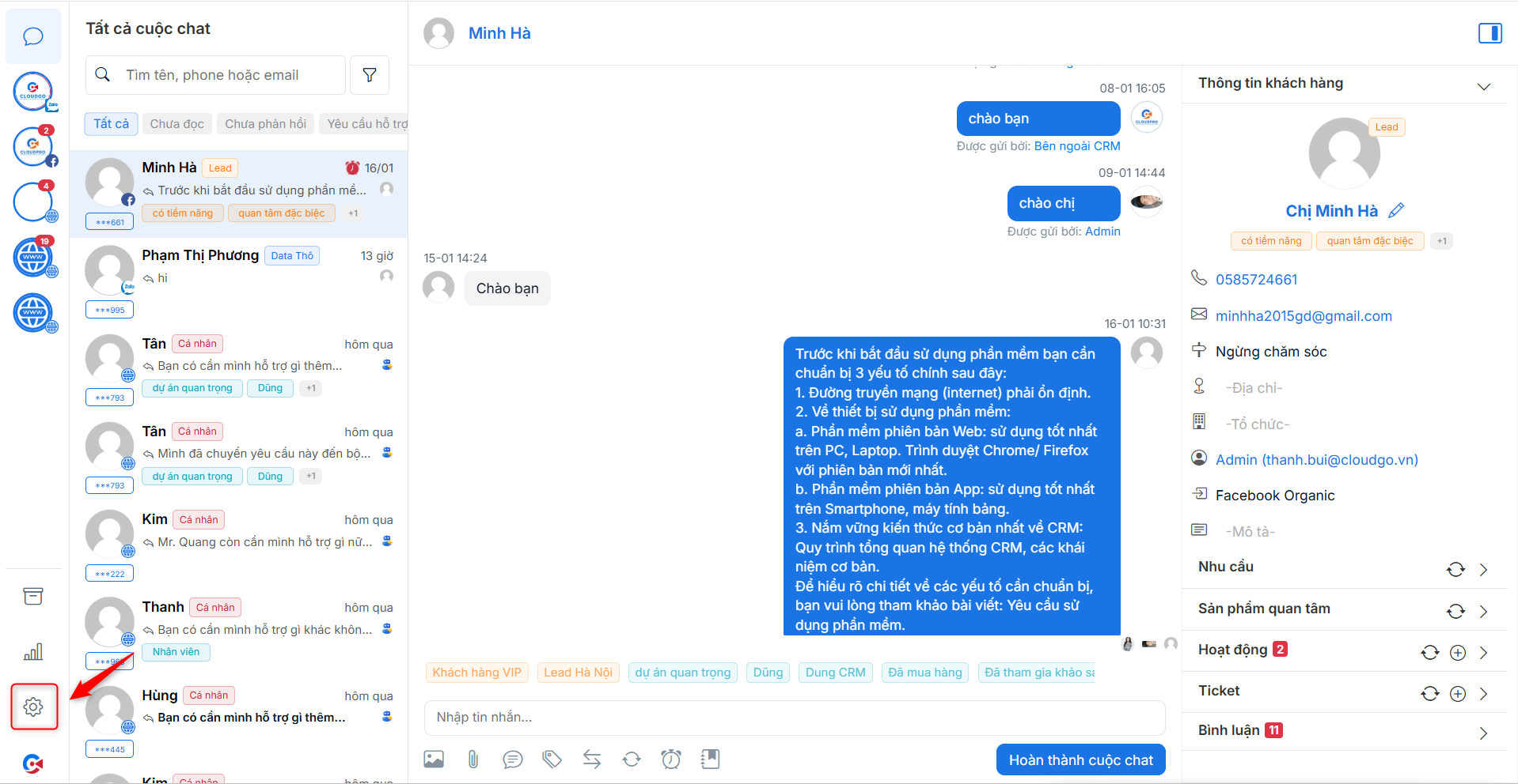 Tính năng Cấu hình trên thanh điều hướng của Chatbox