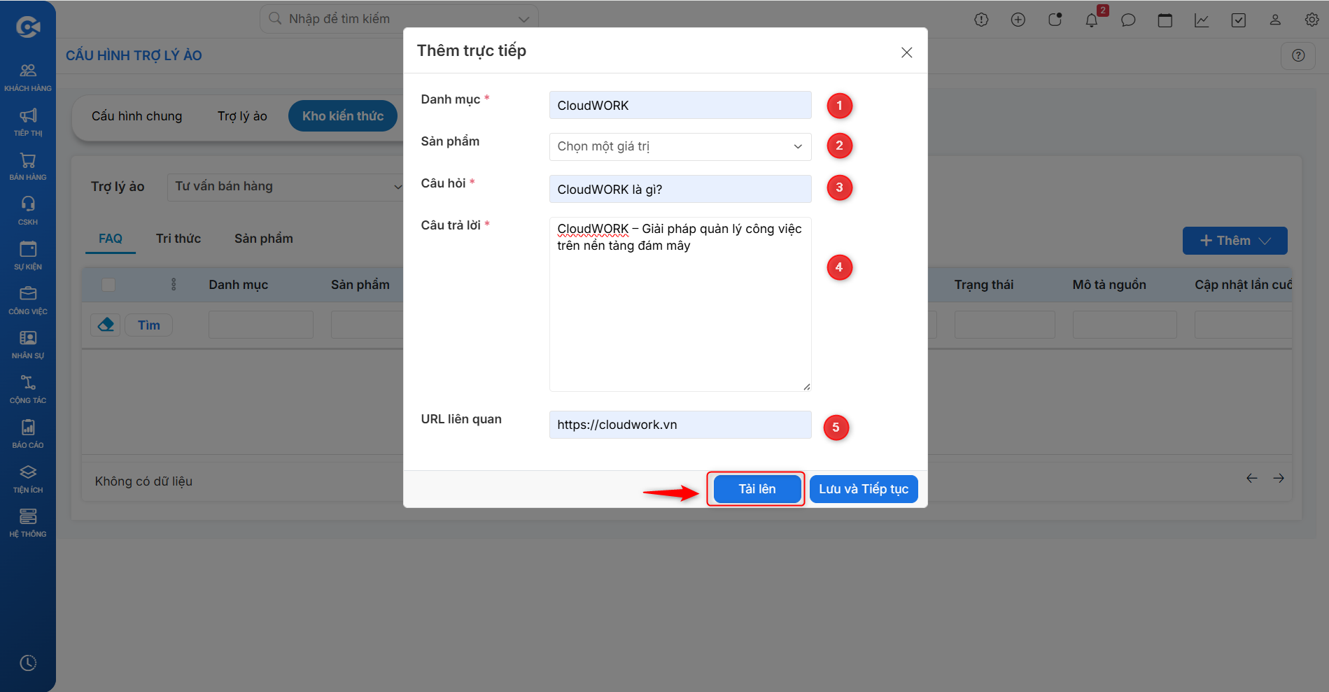 Form thêm trực tiếp kiến thức FAQ