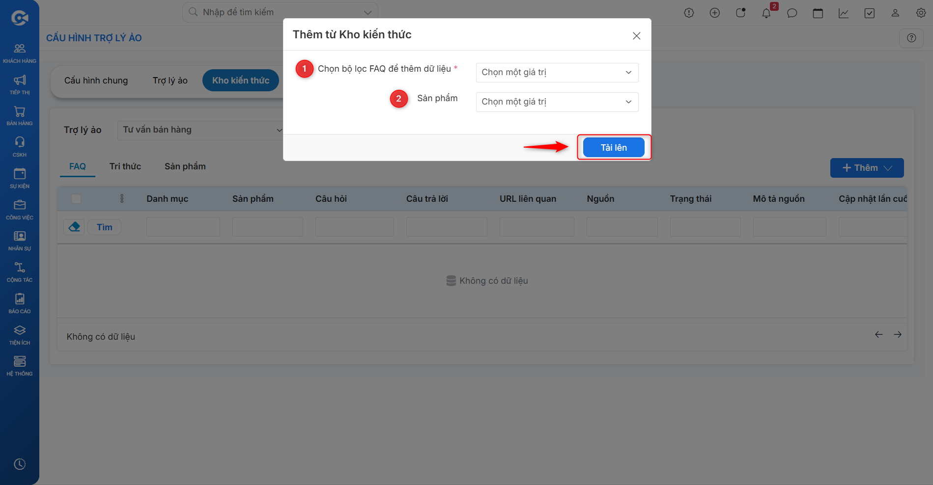 Chọn bộ lọc thêm FAQ từ Kho kiến thức CRM