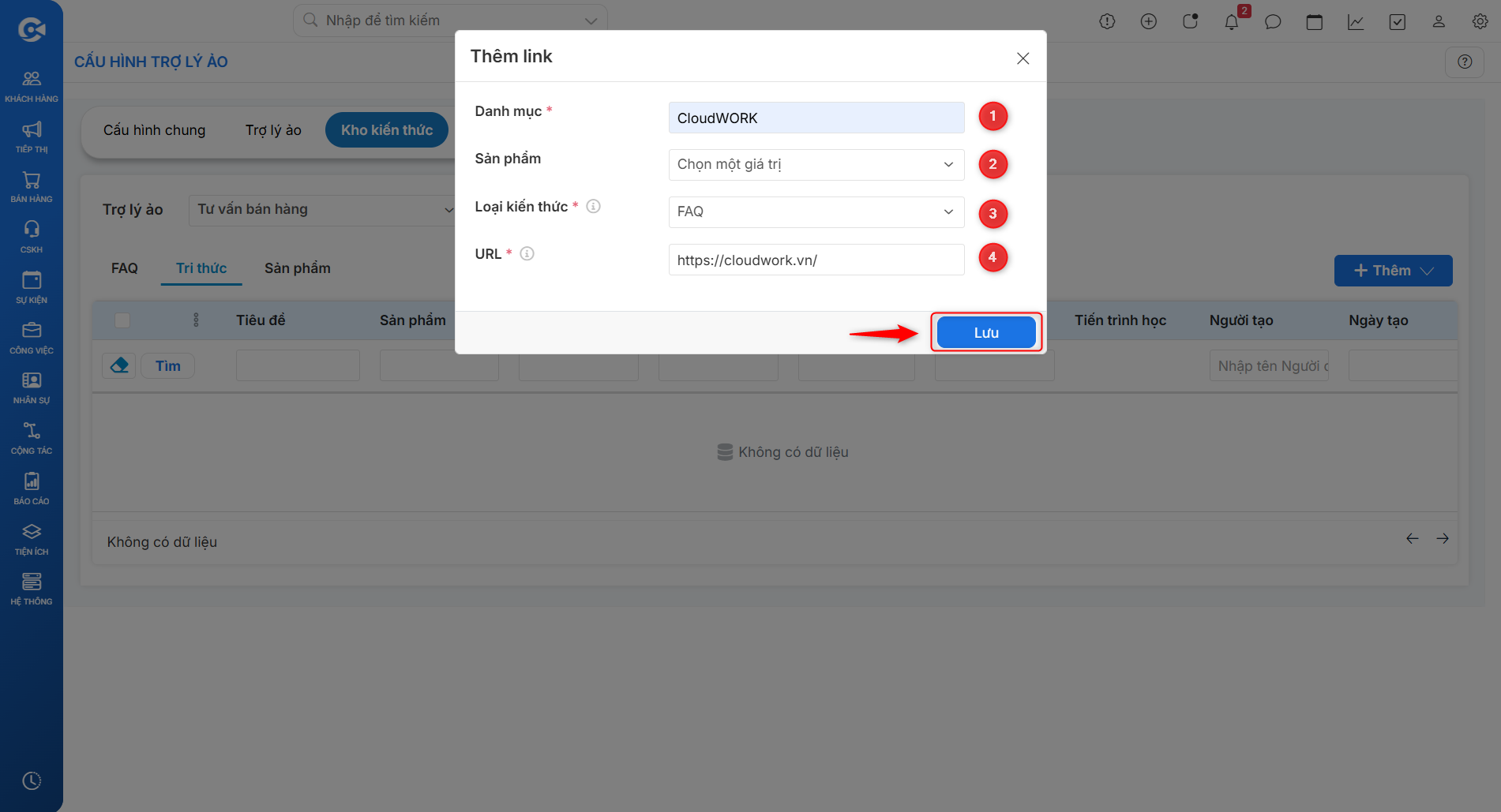 Form thêm link kiến thức FAQ