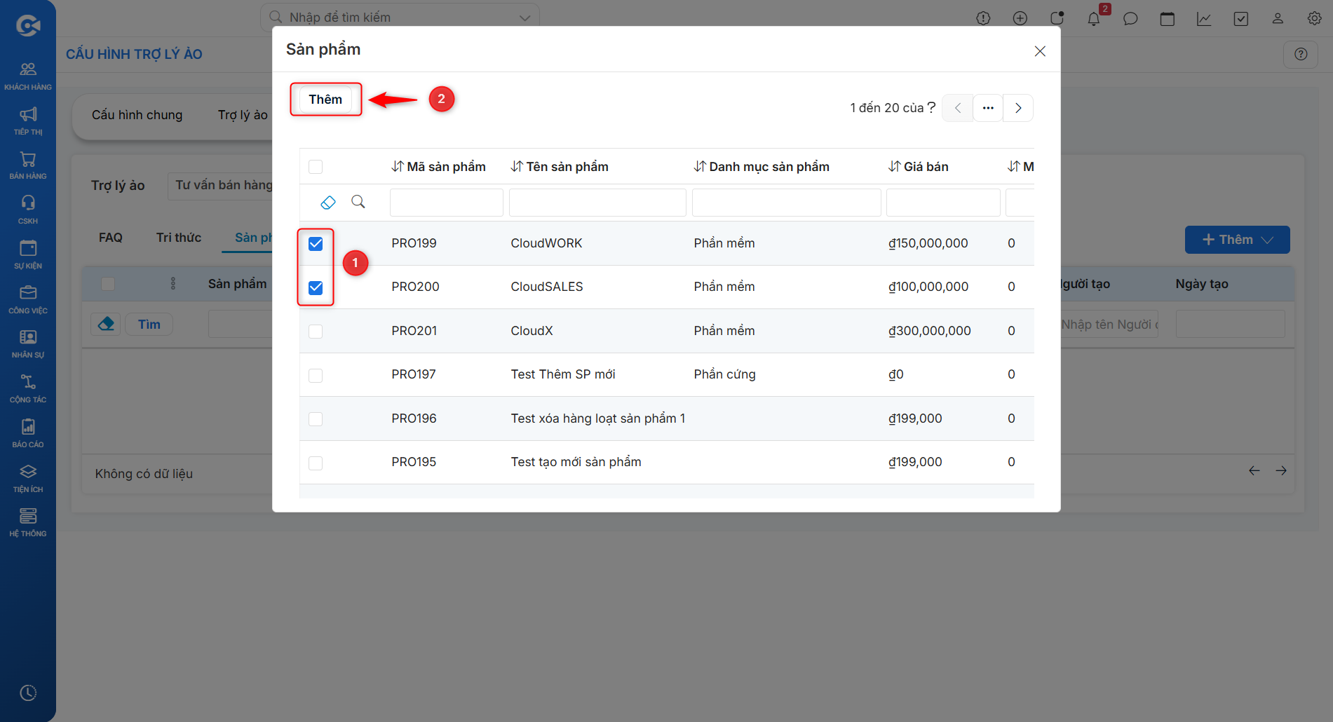 Đồng bộ sản phẩm từ CRM vào kiến thức Trợ lý ảo