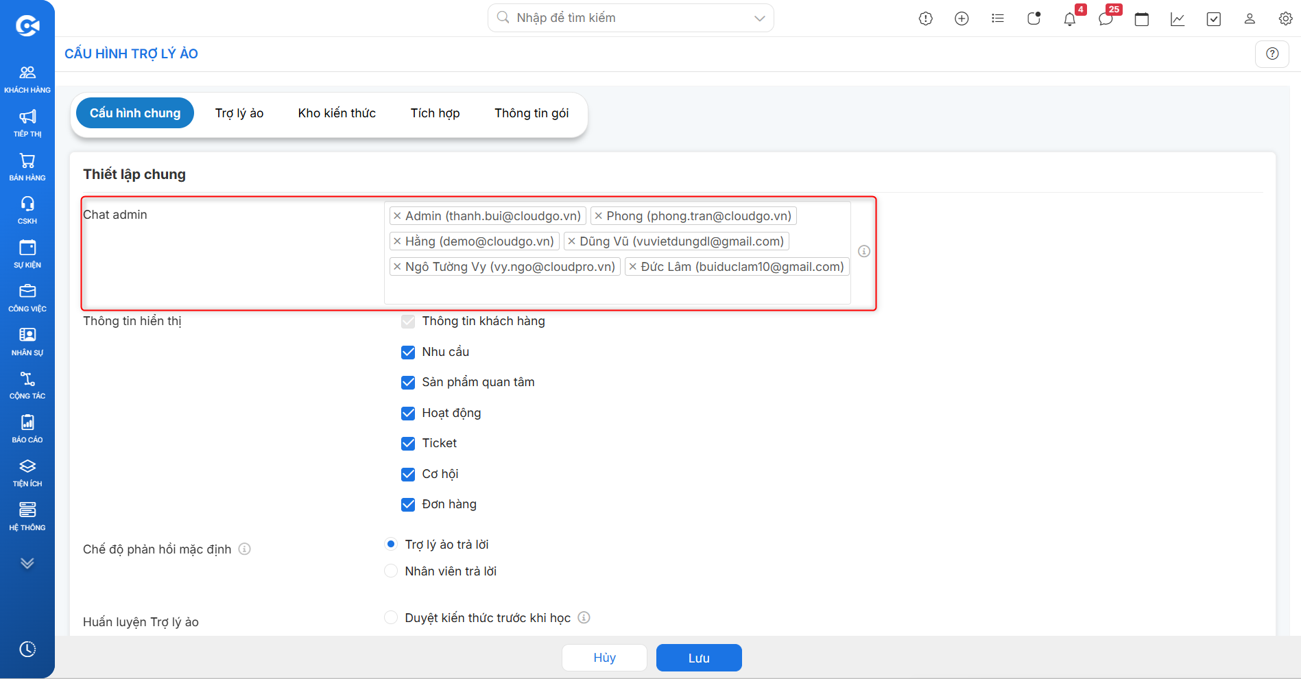 Thiết lập Chat admin trong Cấu hình Trợ lý ảo