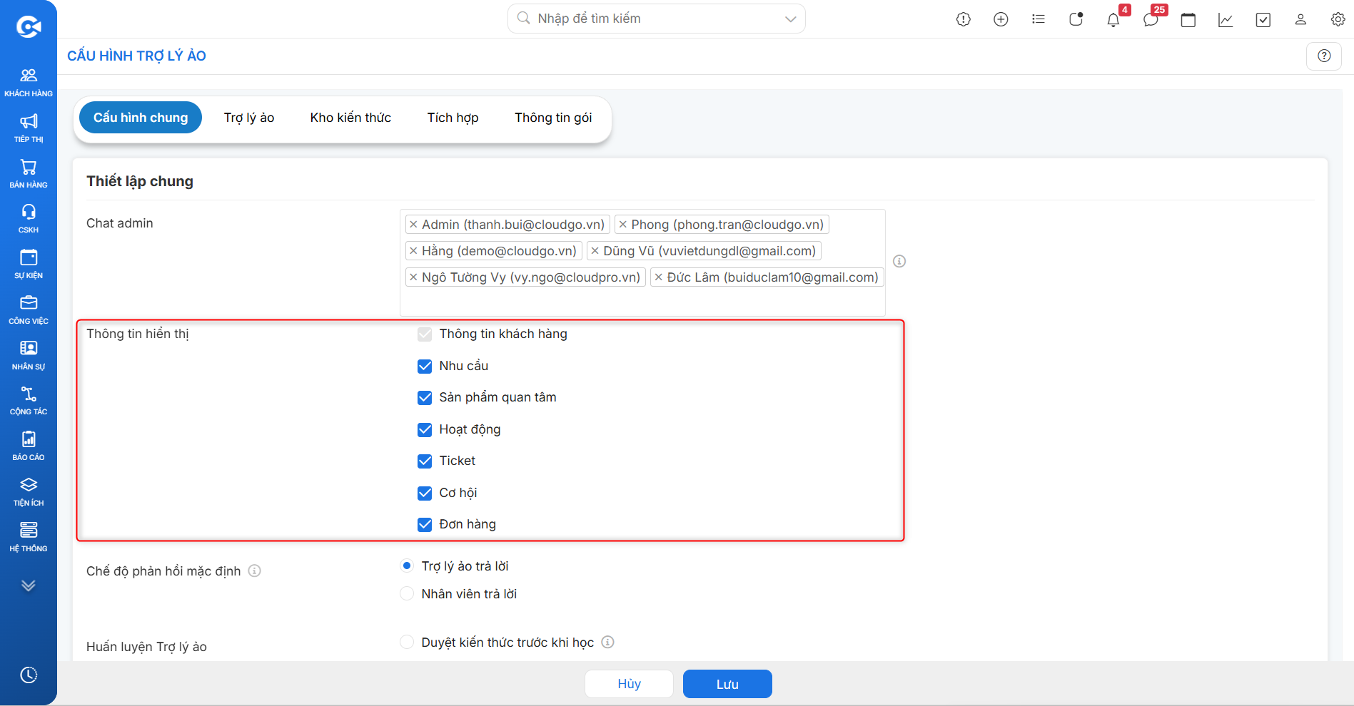 Tick chọn thông tin khách hàng hiển thị/ẩn trên Chatbox