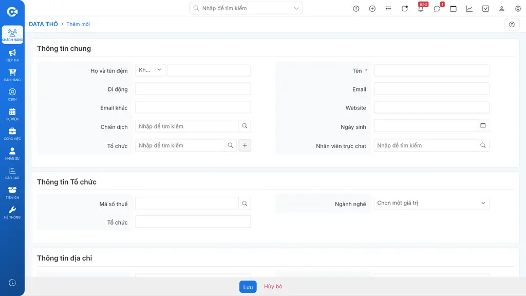 Form tạo mới Data Thô với nhóm Thông tin chung
