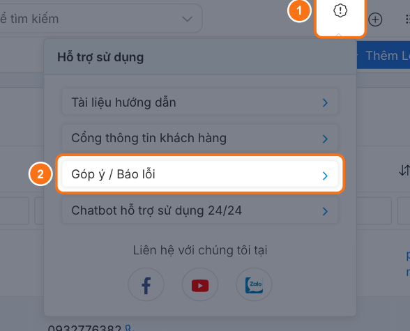 Biểu tượng "!" trên thanh công cụ (1) và mục Góp ý / Báo lỗi trong bảng Hỗ trợ sử dụng (2)