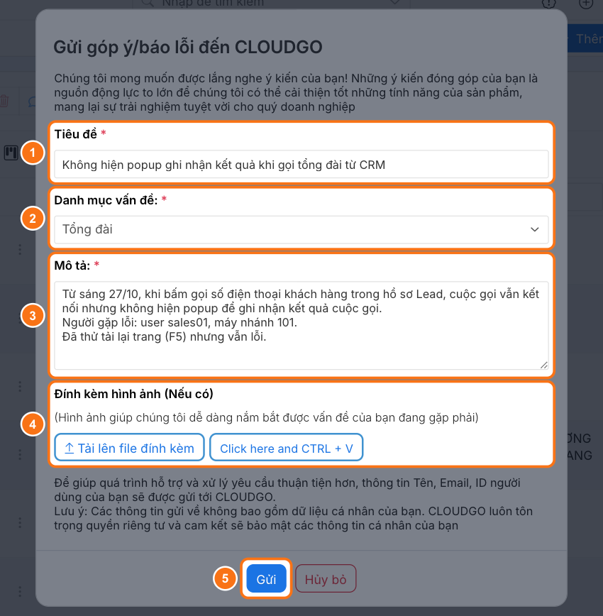 Form Gửi góp ý/báo lỗi đến CLOUDGO gồm Tiêu đề (1), Danh mục vấn đề (2), Mô tả (3), Đính kèm hình ảnh (4) và nút Gửi (5)