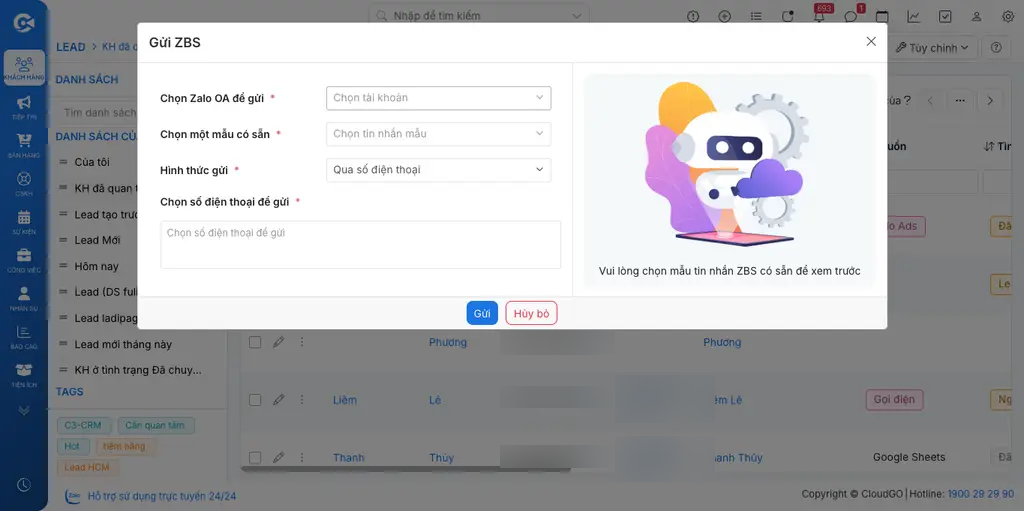 Form gửi ZBS (ZNS) hàng loạt cho nhiều Lead đã chọn từ màn hình danh sách