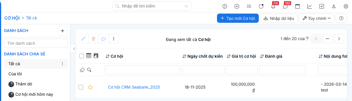 Timeline hiển thị màu xanh khi cơ hội thành công