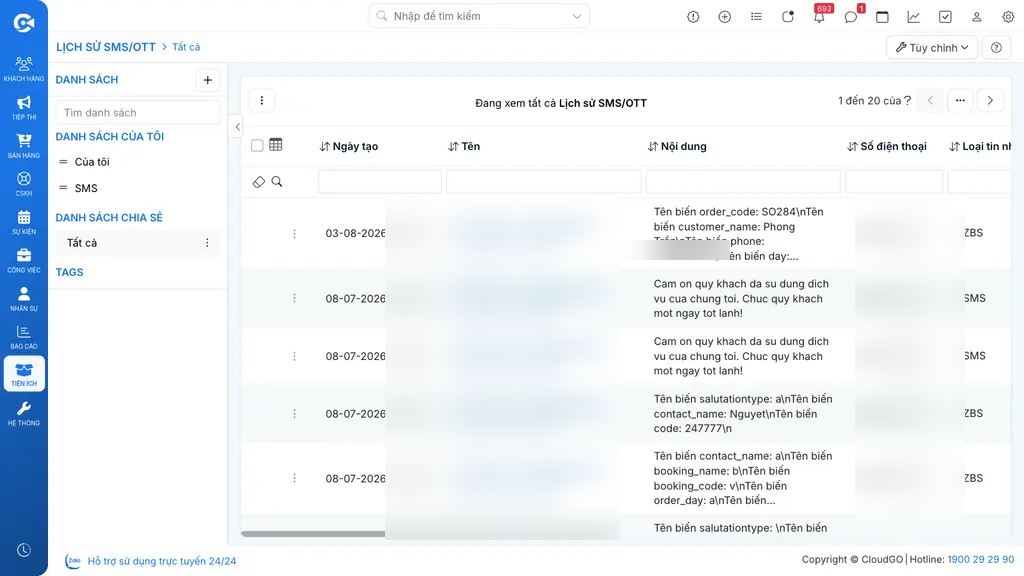 Màn hình "Lịch sử SMS/OTT" với danh sách tin nhắn đã gửi, các cột Ngày tạo, Tên, Nội dung, Số điện thoại, Loại tin nhắn