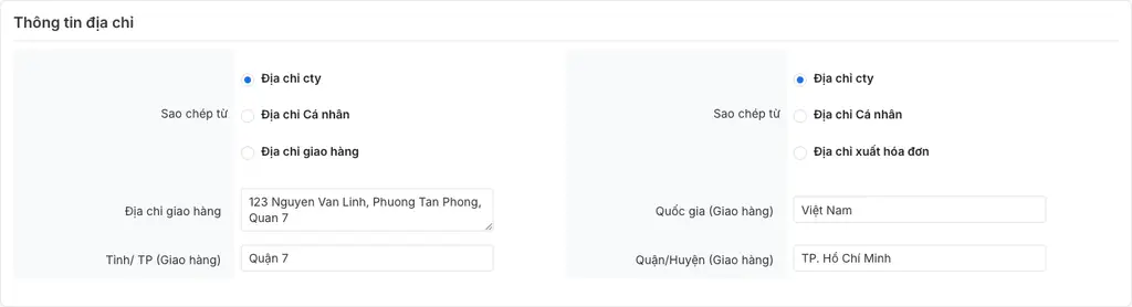 Nhập địa chỉ giao hàng cho báo giá
