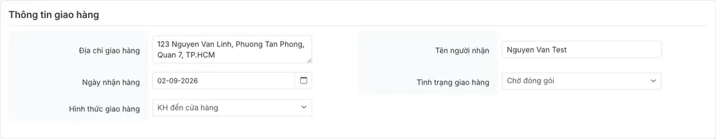 Nhập địa chỉ giao hàng, tên người nhận, ngày nhận hàng và hình thức giao hàng cho đơn hàng