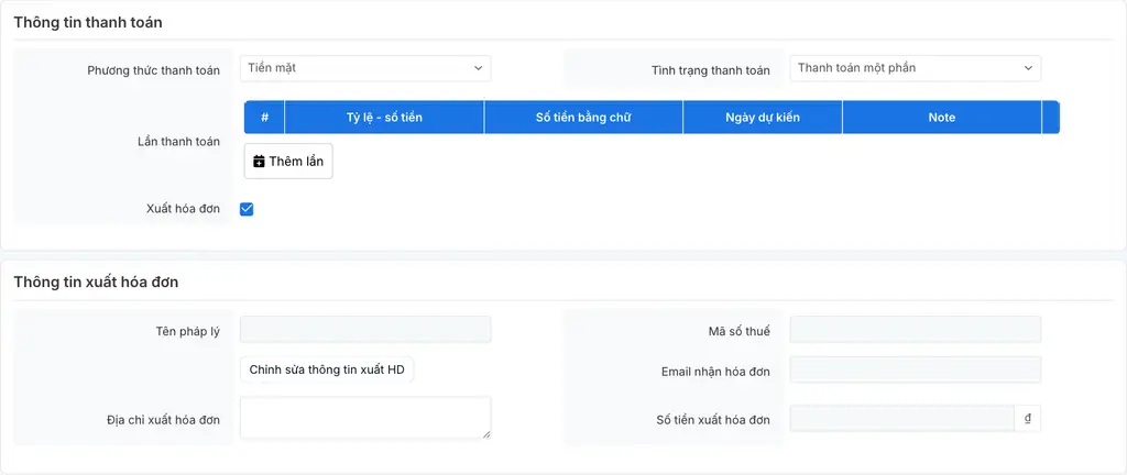 Cấu hình phương thức thanh toán, tình trạng thanh toán và thông tin xuất hóa đơn cho đơn hàng