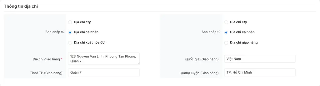 Nhập địa chỉ hóa đơn và giao hàng
