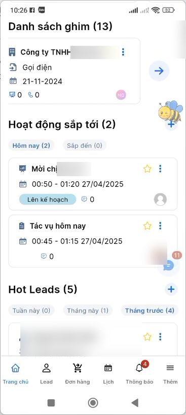 Mục Hoạt động sắp tới với tab Hôm nay và Sắp đến trên Trang chủ